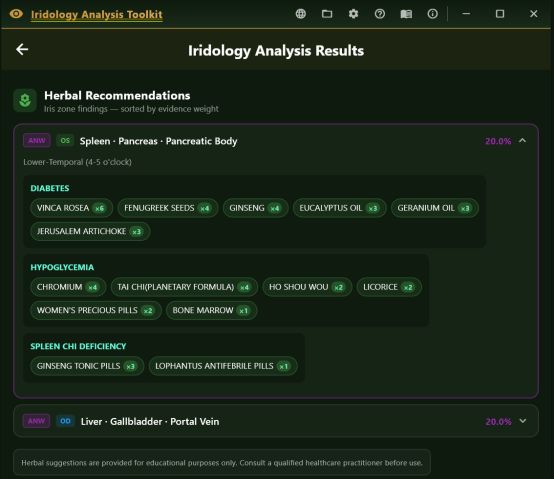 Herbal recommendations panel with conditions and ranked herbs per iris zone
