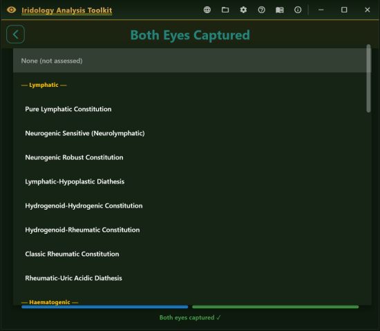 Constitutional type dropdown open, showing the Lymphatic group with eight named types and the start of the Haematogenic group